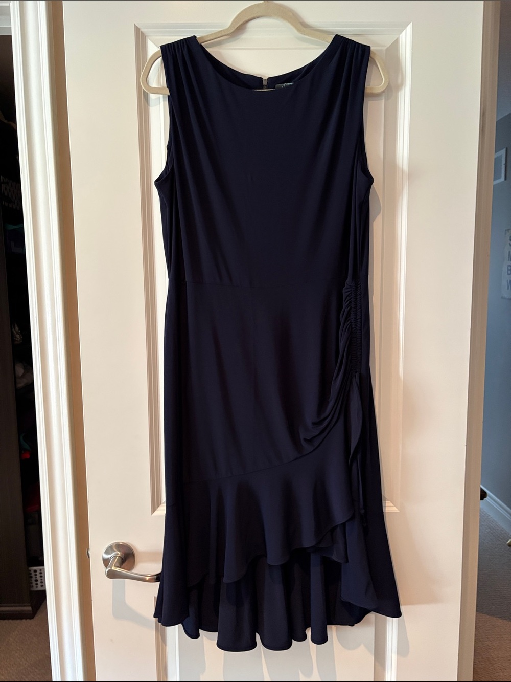 Gabby Skye Navy Sleeveless Ruffle Midi Dress